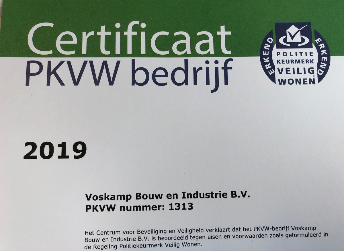 Voskamp Groep (Bouw en Industrie) heeft ook in 2019 het
certificaat als erkend PKVW bedrijf behaald. Voor kennis en advies omtrent beveiliging, hang- en sluitwerk en veiligheid bent u bij ons aan het juiste adres. #samensterkinmaatwerk #pkvw