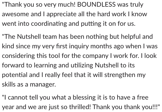 nutshell's tweet photo. Katie M. from @ReGenerations is psyched about the free year of Nutshell that she won for her company at #BOUNDLESS2019, and we're psyched about it, too! Congrats, Katie! π§‘ #crm #madprops https://t.co/mYGoNj8ncg
