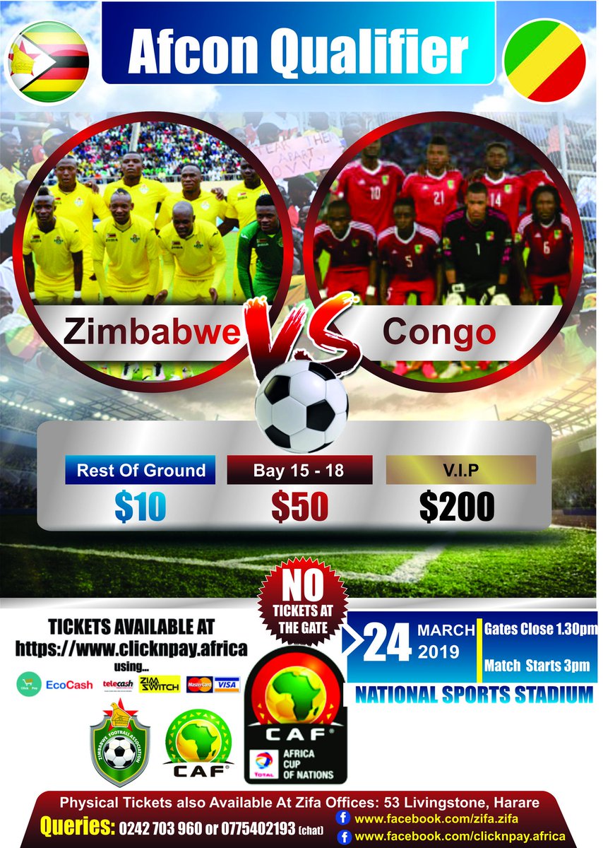Do you want to win Tickets for the Zimbabwe Vs Congo Match AFCON Qualifier? If YES, please like and retweet this post. To increase the chances of winning also like and share our #ClicknPayZ handle now!! Online Tickets available at clicknpay.africa now! <a href="/online_zifa/">Zimbabwe Football Association</a>