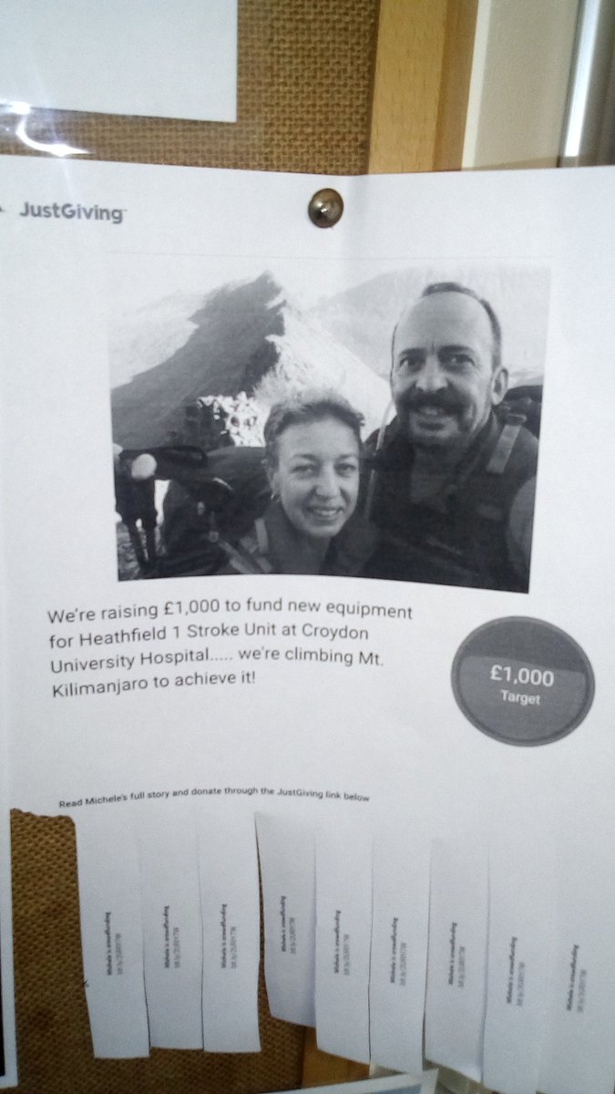 Heathfield1 <a href="/croydonhealth/">Croydon Health Services NHS Trust</a> Fundraising for equipment. If you'd like to support Michele climbing Kilimanjaro in their 1000£ target - info below. #ebcd #stroke