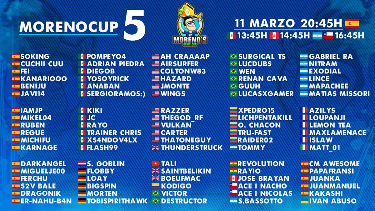 #MORENOCUP5 #BRACKETFINAL
▶️Aquí tenéis el bracket definitivo con todos los jugadores que participaran (y alguna sorpresa 😍)
🇺🇸Here it is the final bracket with all the players!
👇Os espero a las 20:45🇪🇸/13:45🇲🇽/ 14:45🇵🇪/16:45🇦🇷🇨🇱👇
📽️gaming.youtube.com/c/RevolAimar/l…
🗣️Con <a href="/AryxRoyale/">Aryx</a> ❤️