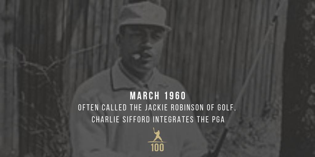 March 1960 | Often called the Jackie Robinson of golf, Charlie Sifford breaks golf's the color barrier by playing on the #PGATour.
#CharilieSifford #JackieRobinson #JR100
