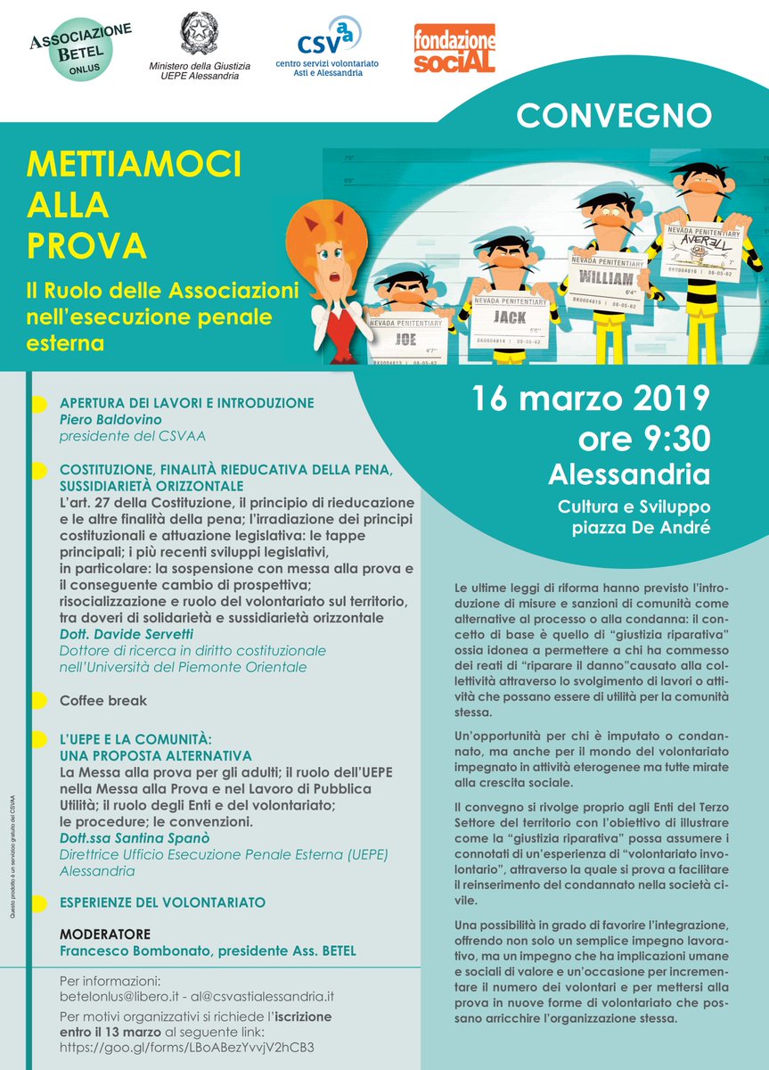 CSVAA's tweet photo. Sabato 16 marzo ad #Alessandria convegno #csvaa “Mettiamoci alla prova: il ruolo delle Associazioni nell’esecuzione penale” sul tema della “#giustizia riparativa”, e sul ruolo del #Terzosettore. A partire dalle 9:30 presso @culturaesvilupp iscrizioni: https://t.co/HOGUFXUvl2 https://t.co/N5Cmm7vKks