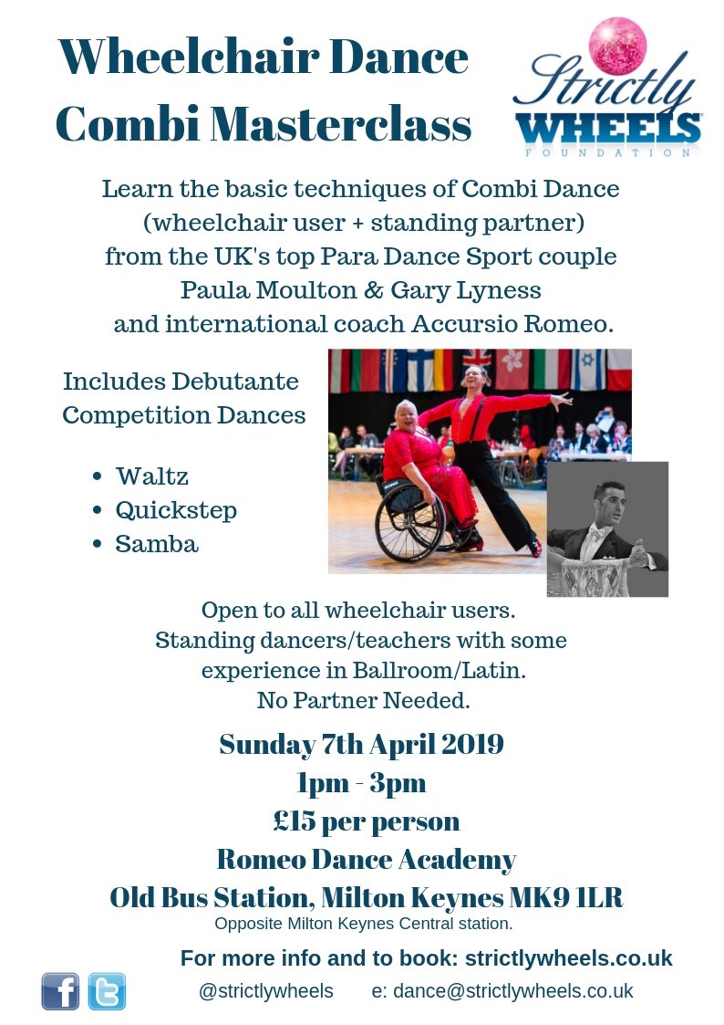 FINAL TICKETS available to join .<a href="/strictlywheels/">Strictly Wheels</a> and international coach .<a href="/AccursioRomeo/">Accursio Romeo</a> for a #masterclass in #Wheelchair Combi #Dance. Learn techniques for beginner competition dances. Sun 7th April 1-3pm £15 .<a href="/RomeoDanceMK/">Romeo Dance Academy Ltd</a> strictlywheels.co.uk/combi-dance-ma… #dancesport #ballroom #latin