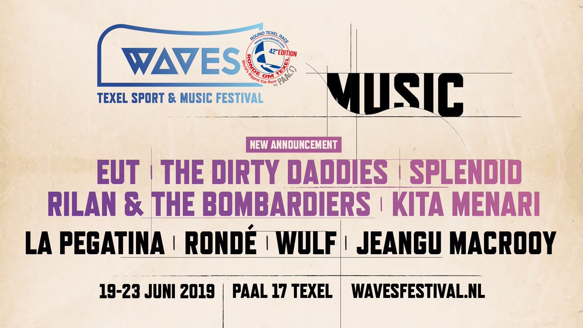 We hadden al een kick-ass line-up, nu komen hier nog meer namen bij! Ook @TheWordIsEUT, <a href="/TheDirtyDaddies/">THE DIRTY DADDIES</a>, @SplendidMusic, Rilan &amp; the Bombardiers en <a href="/KitaMenari/">Kita Menari</a> staan op WAVES! #WAVES2019🤙🏼 #moretobeannounced