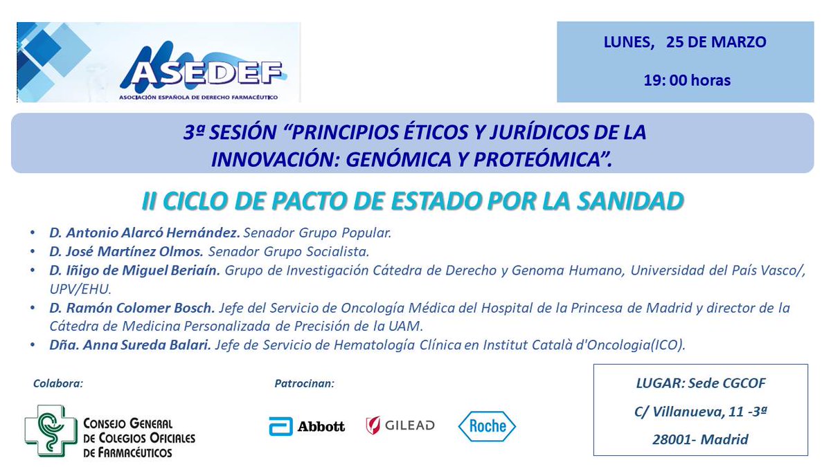 Asedef_Oficial's tweet photo. #FelizLunes la #3Jornada del #IICicloPactodeEstadoPorLaSanidad tiene por título "Principios éticos y jurídicos de la innovación: genómica y proteómica"
🔹Lunes #25marzo a las 19 h - sede CGCOF
🔹SRC secretariageneral@asedef.org
🔹Prensa📩 blancarodriguez@raizcomunicacion.com https://t.co/97SyOwgg5d