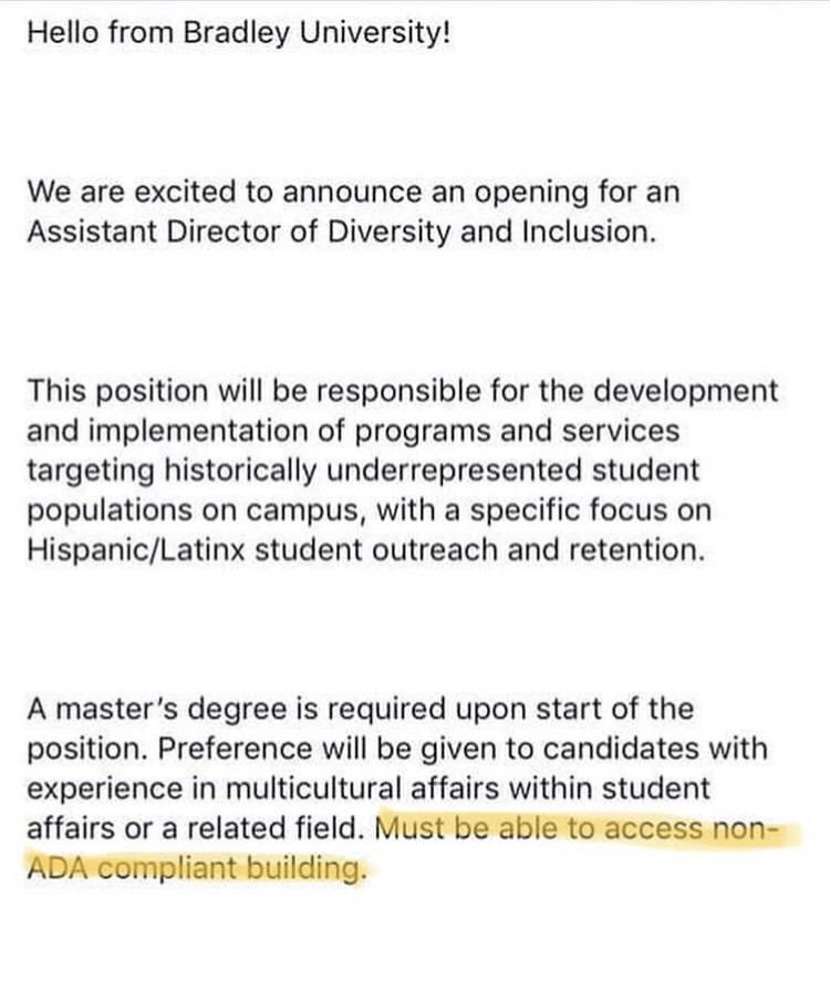 DeafPlanetSoul (@deafplanetsoul) on Twitter photo Shame on <a href="/bradleyu/">Bradley University</a> for only considering able-bodied people for this position! How dare you exclude an entire population of people (for a DIVERSITY position of all things) rather than just ensuring that the office is accessible!
#AcademicAbleism Shame on <a href="/bradleyu/">Bradley University</a> for only considering able-bodied people for this position! How dare you exclude an entire population of people (for a DIVERSITY position of all things) rather than just ensuring that the office is accessible!
#AcademicAbleism
