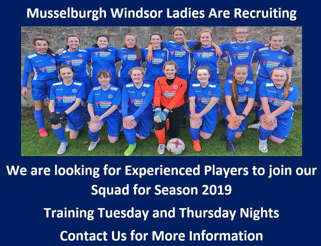 Musselburgh Windsor Ladies are looking for experienced players to strengthen their Ladies squad for the season 2019 in the SWFL 2  .. if your interested or just want to know more details contact us via PM or email @jennapinkney_  jennapinkney99@gmail.com