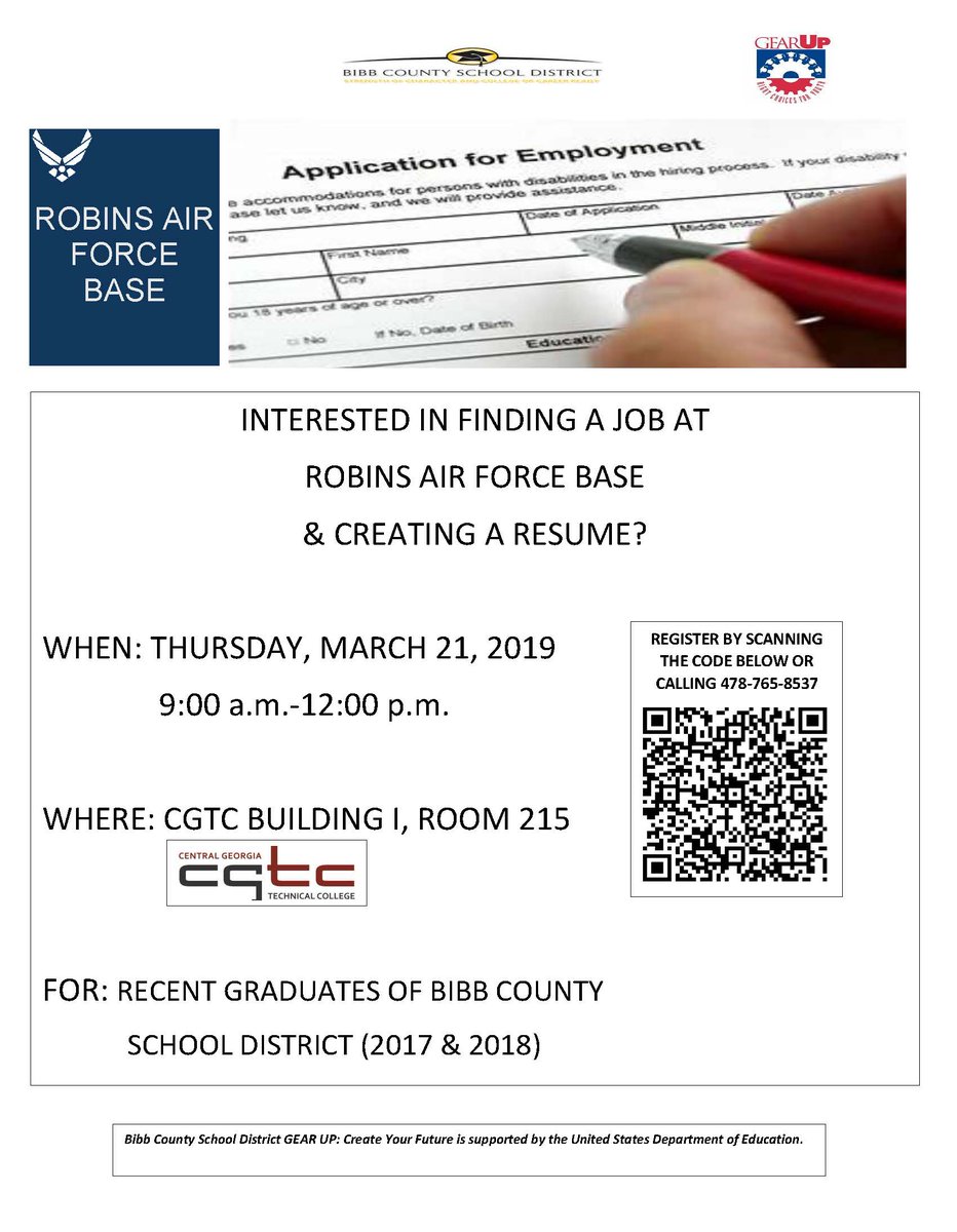 Interested in finding a job at Robins Air Force Base and creating a resume.
Please see the flyer below for more information.