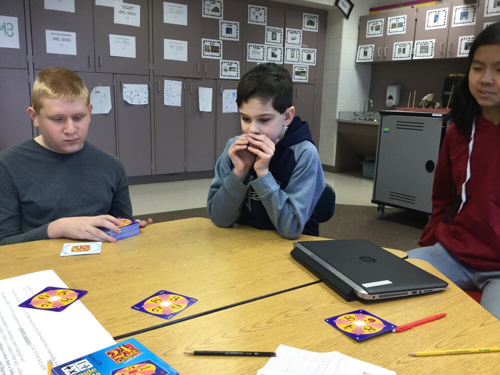Some sixth grade Ss choose to participate in Math Club on Mondays during their recess time.  Today this trio is practicing The #24game +-*/ #proudtobeacreeker