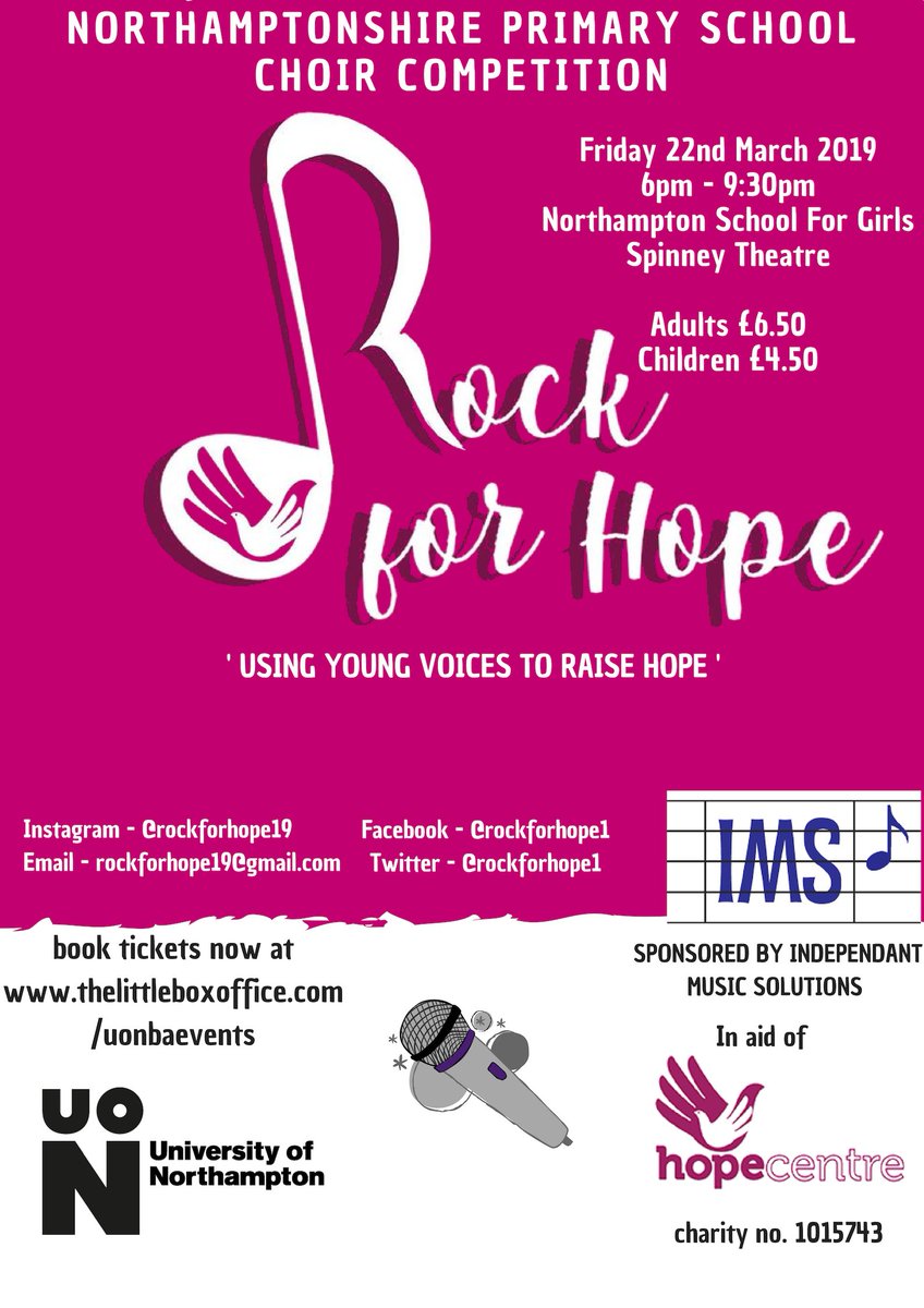 UniNhantsNews's tweet photo. Events Management students to organise school choir concert - 'Rock For Hope’

Schools from across Northants will battle it out @SpinneyTheatre - shining a light on #Northampton's next singing sensation - raising much needed funds for @NptonHopeCentre 

👉https://t.co/EeK1iAws8v https://t.co/w4czw5QtVZ