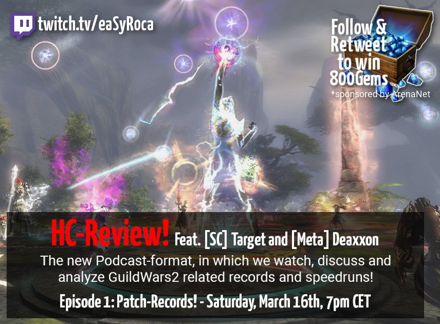 eaSyRoca's tweet photo. I'm starting a new podcast-series this upcoming Saturday, 7pm CET: THE HC-REVIEW!

It will focus on watching @GuildWars2 related speedruns together, analyzing and discussing them!

This episode's guests will be SC Target and @MetaDeaxon!

FOLLOW AND RETWEET TO WIN 800 GEMS! #GW2 https://t.co/9ZYXbG1u3o