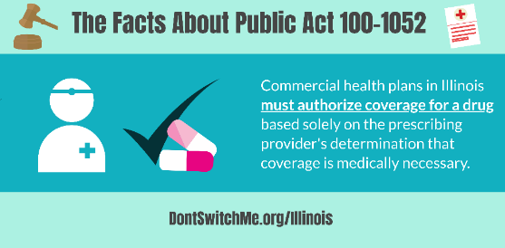 KeepMyRx's tweet photo. Thanks to the new IL Public Act 100-1052, patients' coverage won’t be switched midyear. Here are five things every person in Illinois should know about the new law: https://t.co/BtYWfHCnL2. #DontSwitchMe #ILgov https://t.co/eQON17OriL