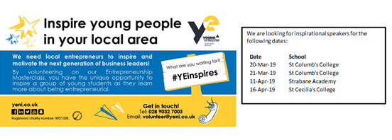 BronaghDoherty8's tweet photo. We are currently looking for local entrepreneurs to inspire the next generation at our upcoming @YE_NI Explore Enterprise Programmes. Can you spare 10 minutes to share your story? #YEinspires https://t.co/B5g1FMvOP2