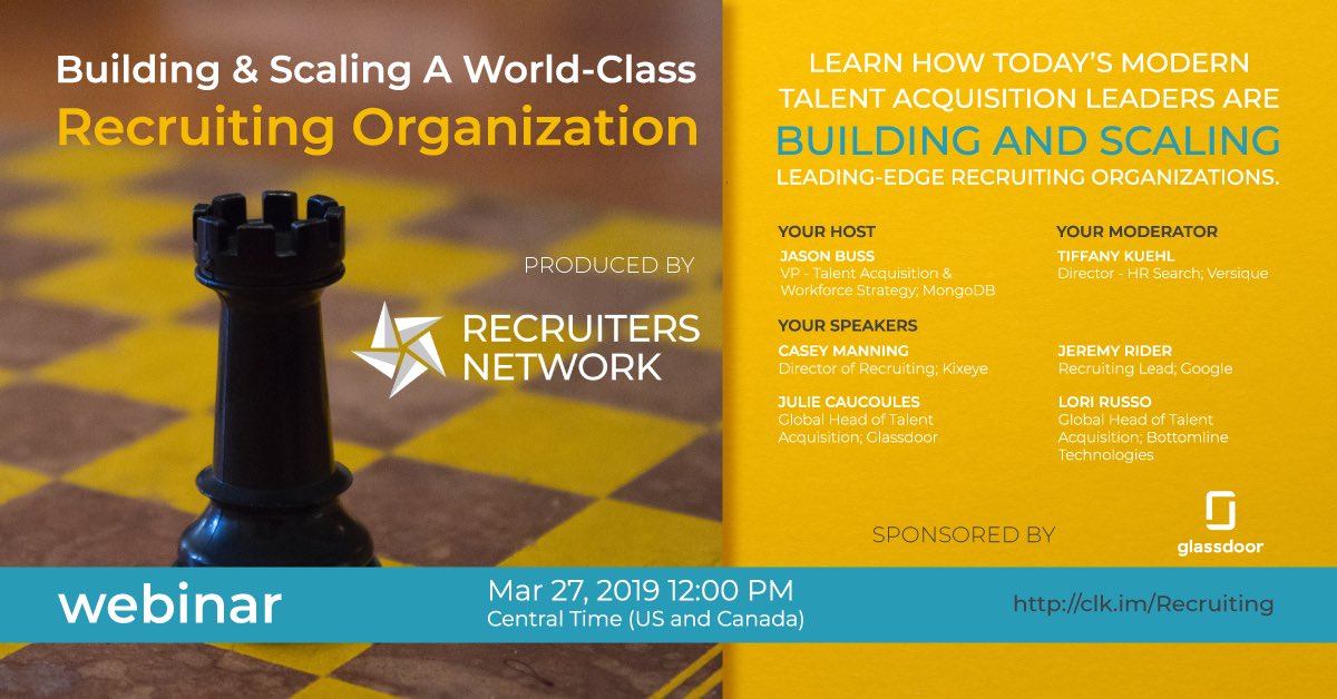 I'm excited to host the upcoming <a href="/RecruitNetworks/">Recruiters Network</a> webinar on "Building and Scaling a World-Class #Recruiting Org, with several of my peers - bit.ly/recruitersnetw… join us on 3/27/19! #RecNet #HR #Webinar #TalentAcquisition
