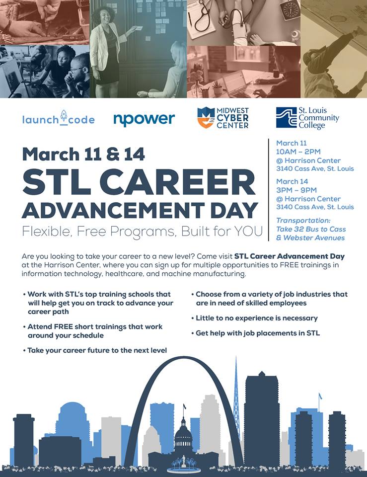 Connection_STL's tweet photo. Thanks to everyone who came out today to sign up and learn more about free training programs offered by  @launchcode @mwcybercoe @NPowerOrg and @STLCC with additional resources from @SLATE_MCC and @FWCAstl There will be anotherevent this Thursday, March 14th from 3pm to 8pm! https://t.co/7tBfsvYSFI