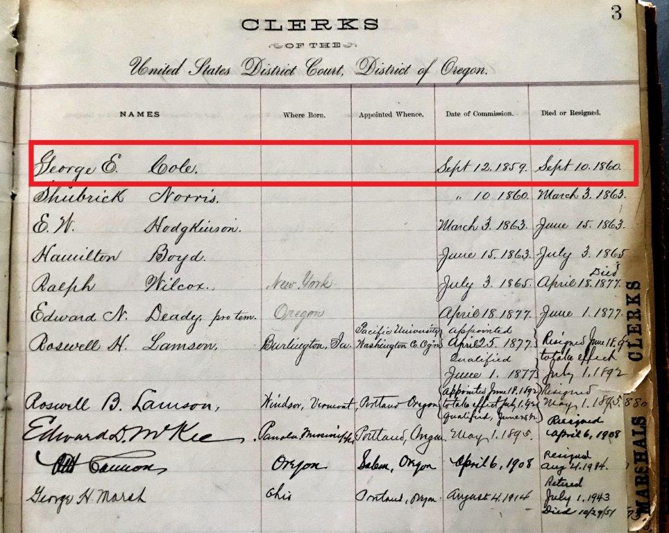 USDCHS's tweet photo. #OrLegalHistory #oldlegder George Edward Cole // first clerk of the US District Court of Oregon 1859-1860 / came to Oregon via CA gold rush / appointed Portland Postmaster by President Ulysses S. Grant in 1873  https://t.co/4uLBm5LaCk / Join: https://t.co/n1jeqeddTQ https://t.co/GTAiZf9bXU