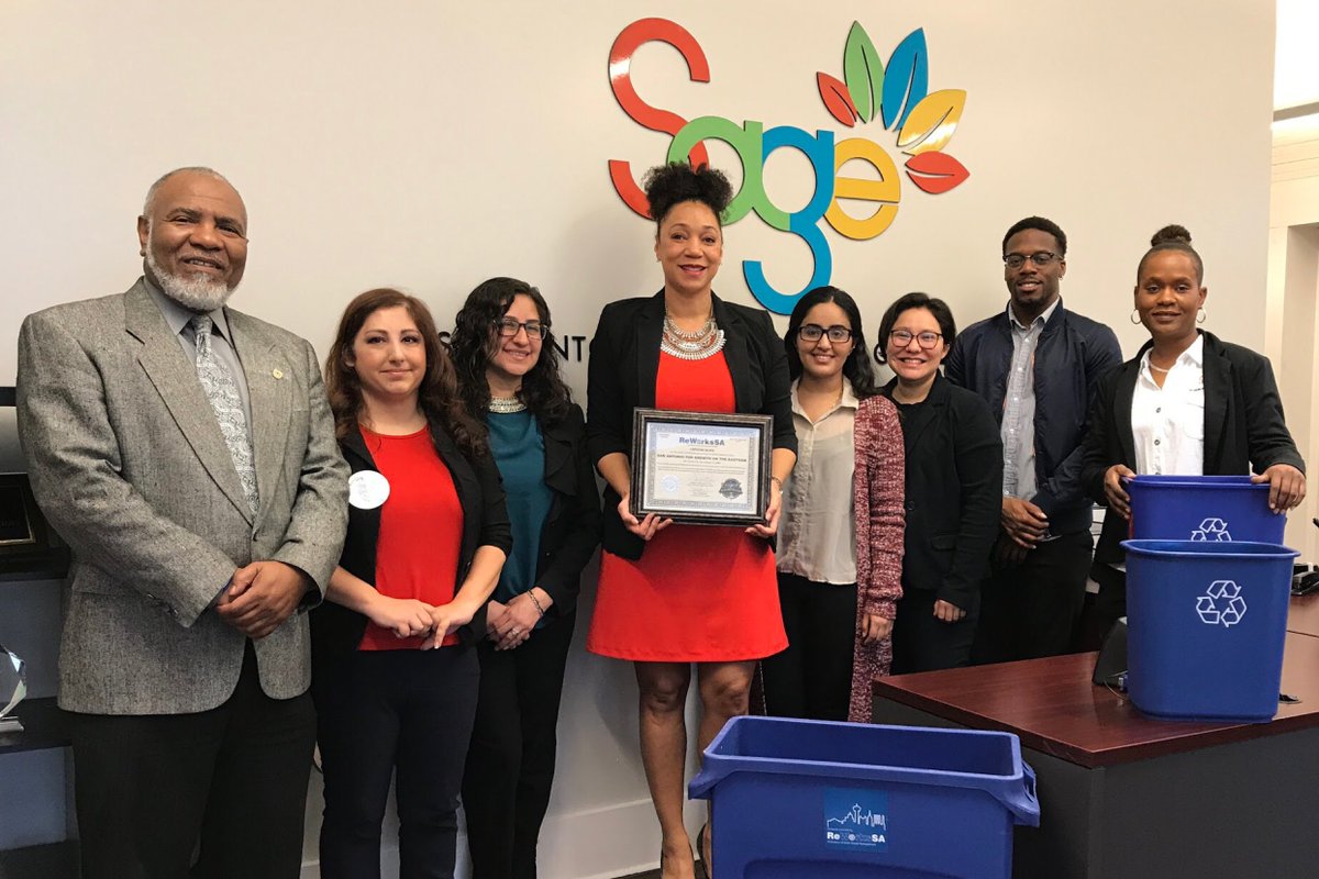 ReWorksSA's tweet photo. Congratulations to @sagesanantonio for achieving the #ReWorksSASilver Recycling Certification! Thank you for your commitment to sustainable business development on #SanAntonio‘s east side! Do you #RecycleAtWorkSA? Get #RecyclingCertified today at https://t.co/npCqnzpPkz! https://t.co/RhIgEbp8ET