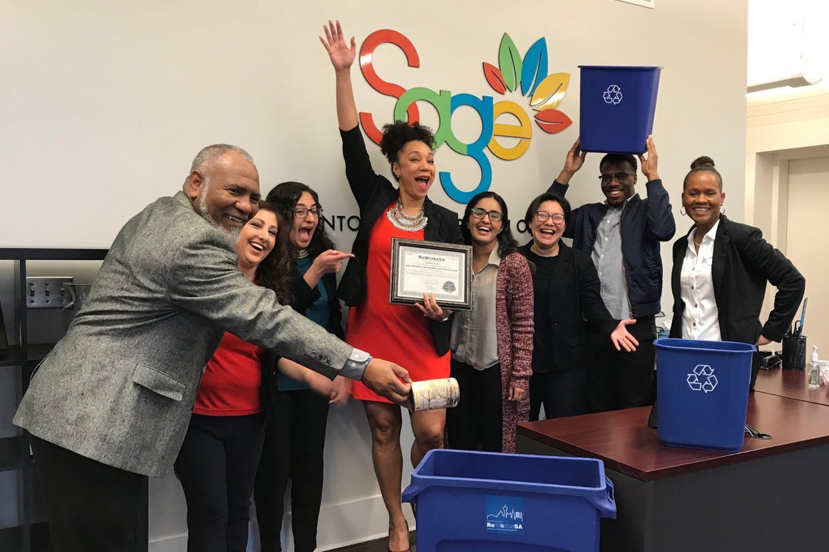 ReWorksSA's tweet photo. Congratulations to @sagesanantonio for achieving the #ReWorksSASilver Recycling Certification! Thank you for your commitment to sustainable business development on #SanAntonio‘s east side! Do you #RecycleAtWorkSA? Get #RecyclingCertified today at https://t.co/npCqnzpPkz! https://t.co/RhIgEbp8ET