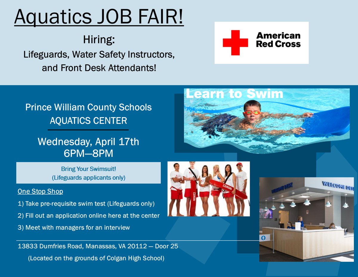 PWCSAquatics's tweet photo. Looking for a summer (or year round) job? We are having a job fair on 4/17 from 6-8pm for lifeguards, WSIs, and front desk!

Application assistance will be available and interviews will be conducted on site.

Note: lifeguard candidates should come prepared to get in the water. https://t.co/sdkHD9ocoC