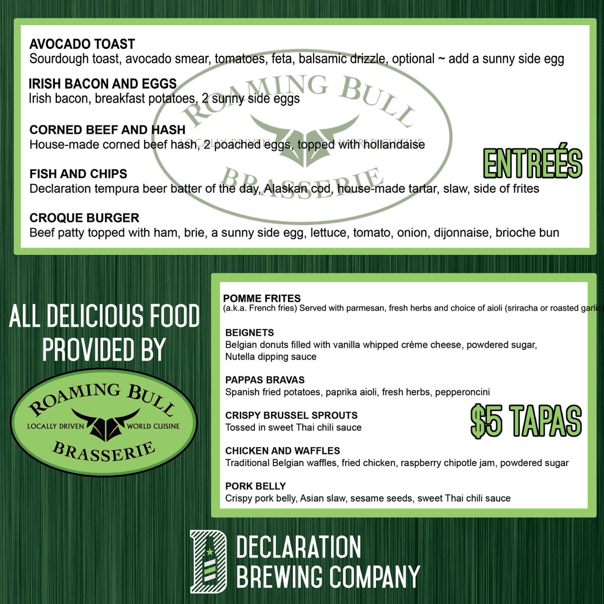 UPDATES to our St. Paddy’s Day Brunch: we have a full menu and we have drone games at 2pm!

And what is St Patrick’s Day without some green beer (slushies)? 

#StPatricksDay #StPattysDay #StPaddysDay #greenbeer #beerslushies