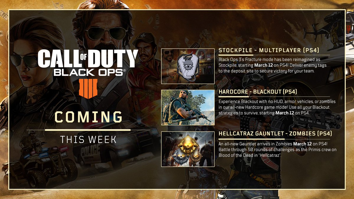 This week in #BlackOps4:

• Shamrock & Awe Event (PS4)
• MP: Stockpile (PS4) + Contraband Hurricane
• Blackout: Spring Map Update + Hardcore (PS4)
• Zombies: Hellcatraz Gauntlet (PS4) + Host Migration
• League Play improvements
+ much more

Patch notes incoming tomorrow!