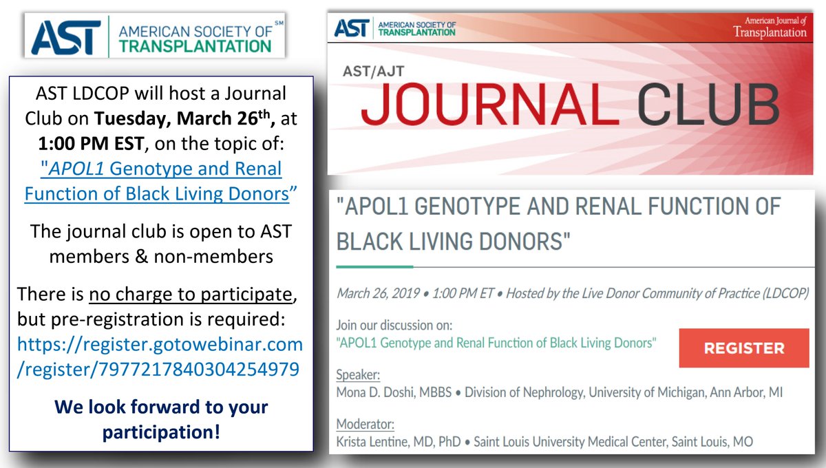Looking forward to March 26, 2019, <a href="/AST_info/">American Society of Transplantation (AST)</a>- <a href="/amjtransplant/">American Journal of Transplantation</a> LD #Community-of-Practice #JournalClub on “#APOL1 Genotype and Renal Function of Black #LivingDonors.” Timely discussion w/ upcoming #NIH #APOLLO study launch. Registration is Free ➡️All welcome: bit.ly/2u0SKJJ