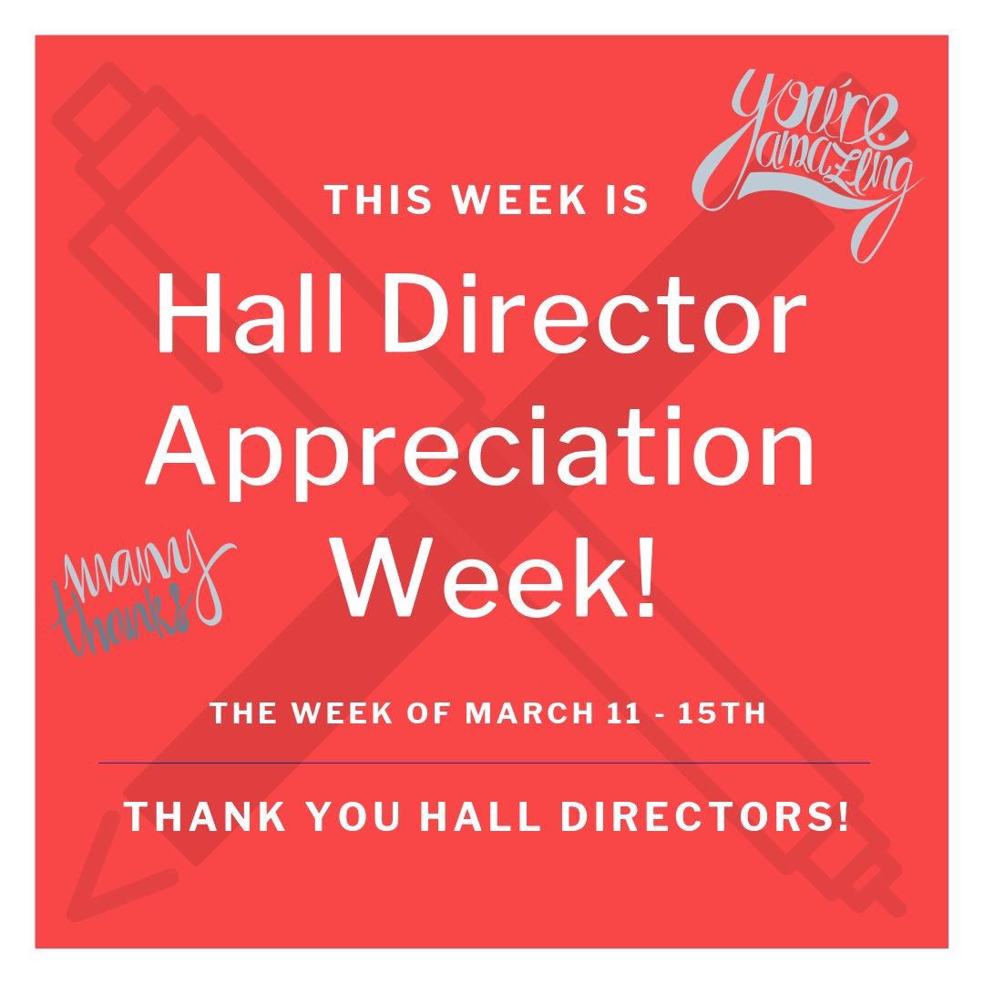 UWSP_RHA's tweet photo. Happy Appreciation Week to our amazing Hall Directors!

Don’t forget to thank those people who do so much for our halls. If you see your Hall Director or any Hall Director stop and show some appreciation! https://t.co/79ALnR9gfh