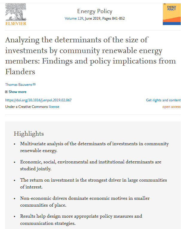 ThomasBauwens1's tweet photo. New (open-access) paper published! It looks at the determinants of the size of #investments made by members of #renewable #energy coops (@REScoopEU ) with the cases of @EcopowerBE and #BeauVent. Have a look! https://t.co/NklsU1mTEl #CommunityEnergy #Cooperative @ElsevierEnergy https://t.co/LSDmQmpfua