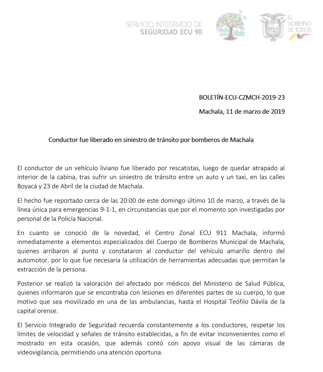 ECU911Machala1's tweet photo. (BOLETÍN) | #Machala
Conductor de taxi fue liberado por @BomberosMACH, tras quedar atrapado en su interior.
#ECU911 coordinó la atención con @Salud_CZ7 https://t.co/l9Ax7HhRmM