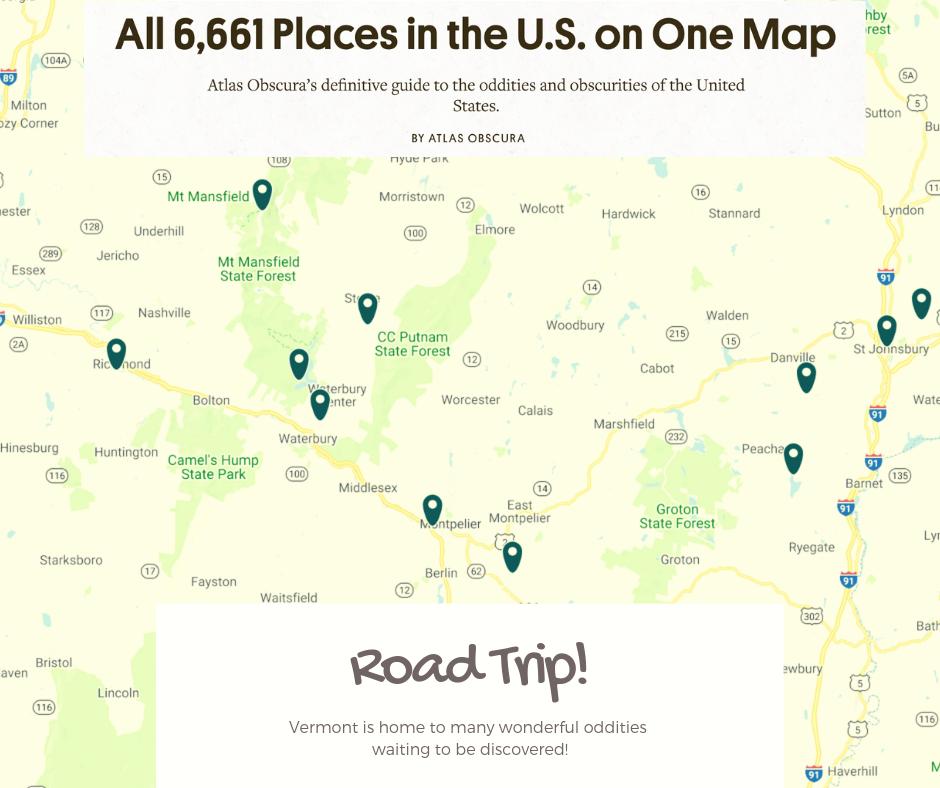 Love to discover the odd and unusual? Check out @atlasobscura's guide to more than 6,000 odd places in the USA. Stowe, VT is home to several including the @benjerry s Graveyard. Explore the interactive map here: bit.ly/2H4ePjW #roadtrip #Vermont
