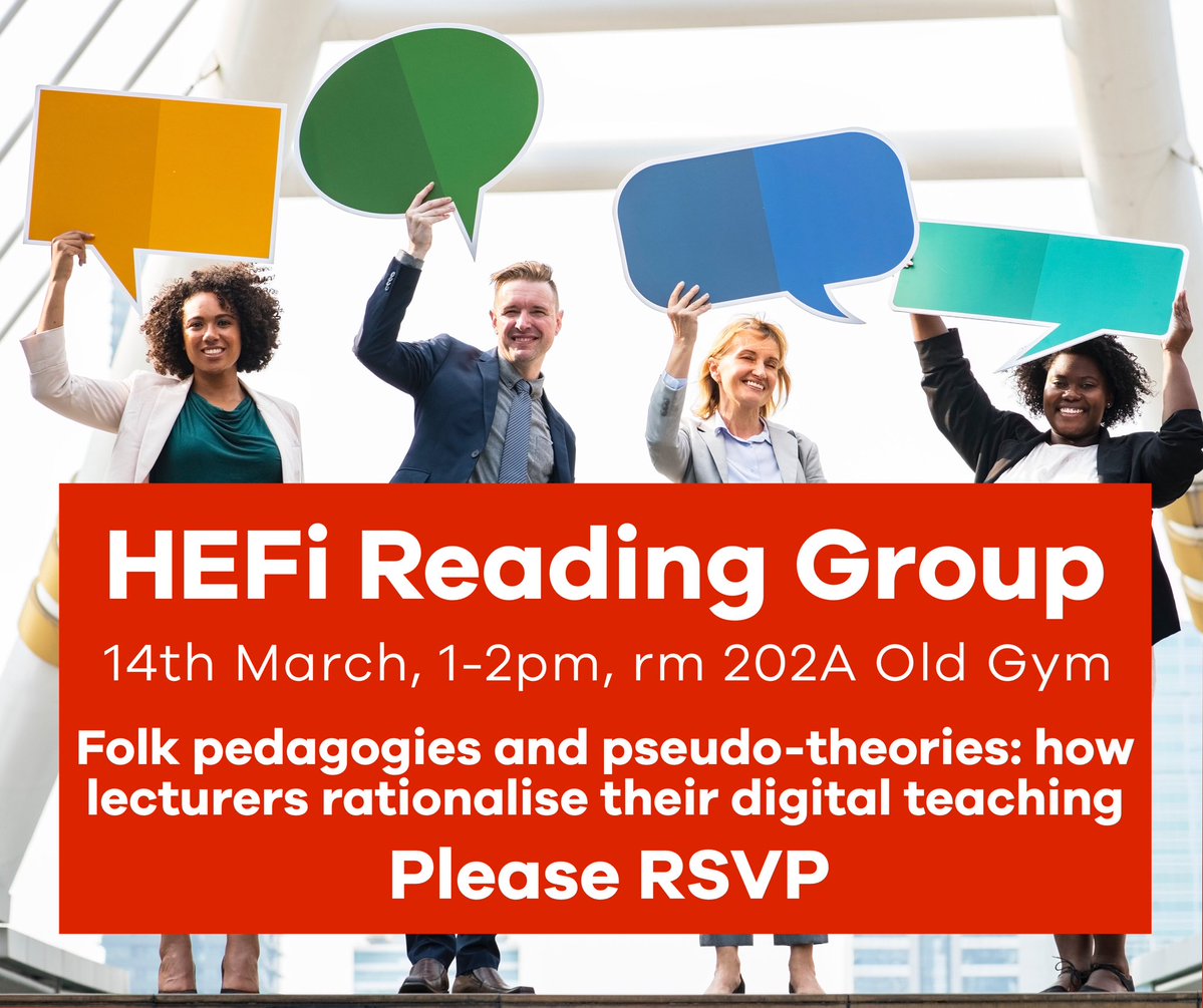 hintondm's tweet photo. Folk #pedagogies and pseudo-#theories: how #lecturers rationalise their #digital #teaching - @UoB_HEFi #ReadingGroup article 14 March 19 at 1pm, Room 202A, Old Gym #RSPV https://t.co/zPYMekW6k5 https://t.co/CZpjqBLaHX