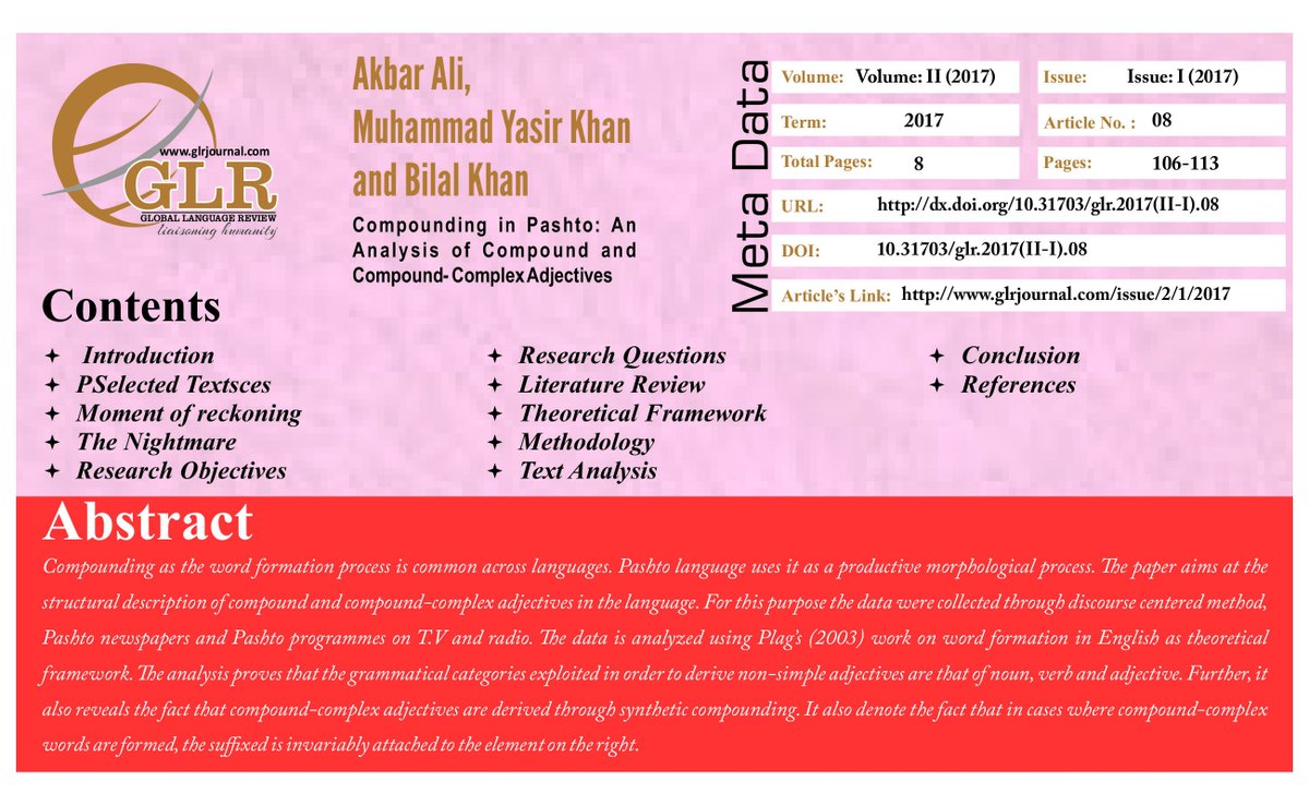 GLRjournal's tweet photo. Topic: Compounding in Pashto: An Analysis of Compound and Compound- Complex Adjectives

Weblink: https://t.co/dtgdWrN6ag

Download PDF: https://t.co/oUVxPiYpML

Keywords: #Compounding, #Pashto_Morphology, #Compound_Adjectives, #Compoundcomplex #Adjectives https://t.co/kDQ8joQBj6