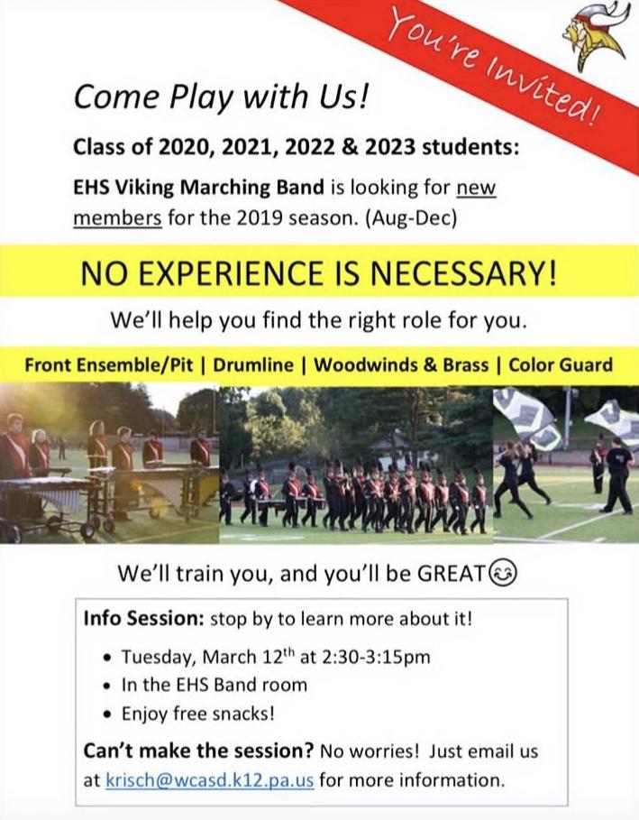 EHSvikingband's tweet photo. Vikings! If you like music, having fun, and building long lasting relationships, come to our info session, and join us! #govikings https://t.co/yUf7P2HTZG
