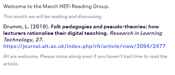 hintondm's tweet photo. Folk #pedagogies and pseudo-#theories: how #lecturers rationalise their #digital #teaching - @UoB_HEFi #ReadingGroup article 14 March 19 at 1pm, Room 202A, Old Gym #RSPV https://t.co/zPYMekW6k5 https://t.co/CZpjqBLaHX