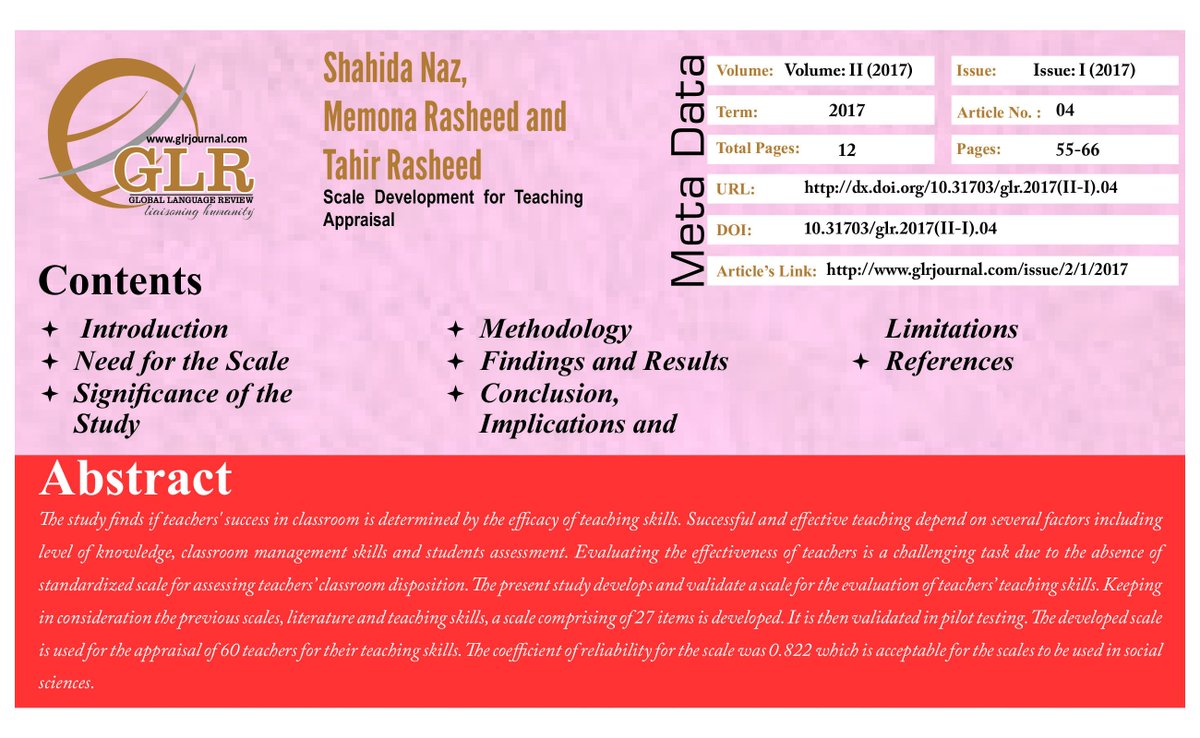 GLRjournal's tweet photo. Topic: Scale Development for Teaching Appraisal

Weblink: https://t.co/JLioUicdcj

Download PDF: https://t.co/XhawyEednU

Keywords: #Teaching_Skills, #Evaluation, #Classroom, #Management, #Reliability https://t.co/u8oA9S5baT