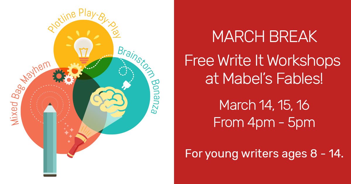Ripplefdn's tweet photo. There is a free writing workshop this week at @mabelsfables this Thursday, Friday and Saturday from 4pm-5pm for young writers ages 8-14. Call Mabel at 416-322-0438 to register. https://t.co/0Otn1eW1Qy #MondayMotivation #MarchBreak #writing #workshop https://t.co/9lytjD4zzq