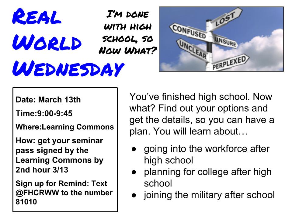 FHC LEARNING COMMONS (@fhclibrarylc) on Twitter photo Do you know what you're doing after high school? If you're shaking your head no, attend this week's Real World Wednesday! We will have a career specialist, a college representative, and military branches to help you shake your head YES! <a href="/SonnyArnel/">Sonny Arnel</a> @FHCAD <a href="/FHCGuidance/">FHC Guidance</a> Do you know what you're doing after high school? If you're shaking your head no, attend this week's Real World Wednesday! We will have a career specialist, a college representative, and military branches to help you shake your head YES! <a href="/SonnyArnel/">Sonny Arnel</a> @FHCAD <a href="/FHCGuidance/">FHC Guidance</a>