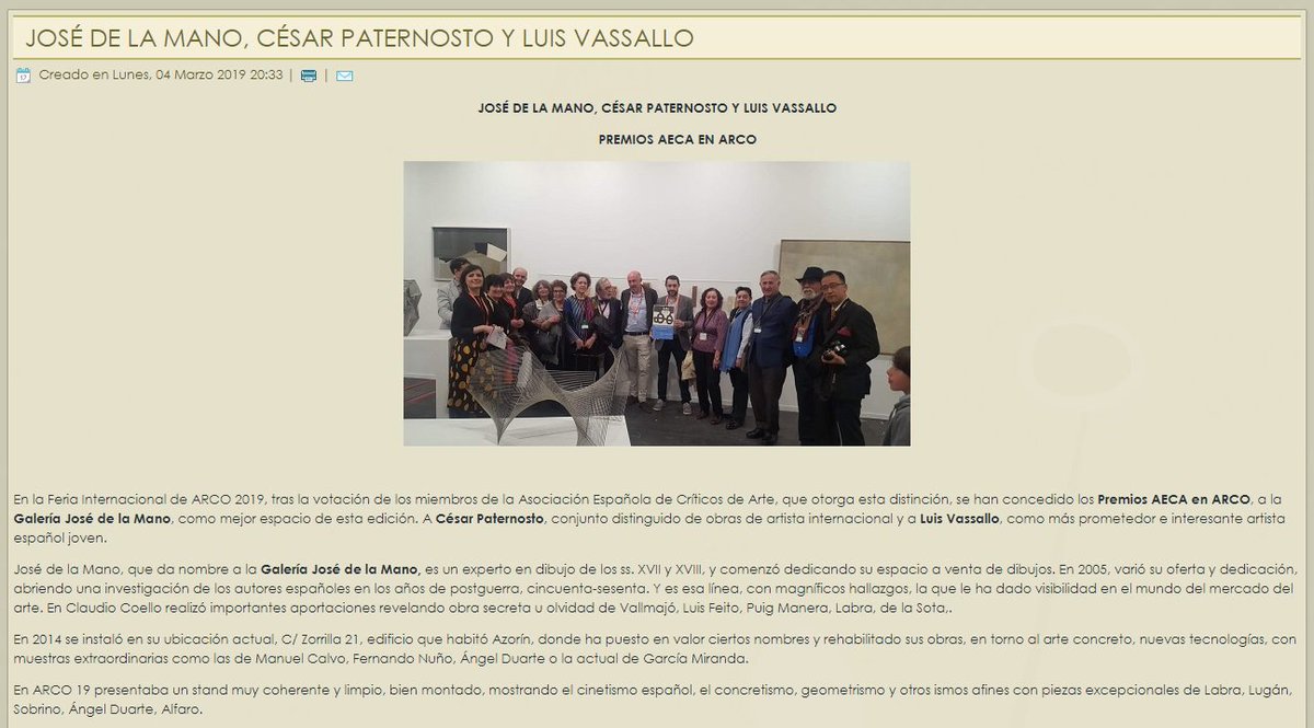 josedelamano's tweet photo. #JosédelaMano, César #Paternosto y #LuisVassallo, Premios #AECA en @FeriaArco https://t.co/bPaSVDP3cw
#ARCOmadrid2019 #ARCOmadrid #arco2019 https://t.co/cn4F19McXN