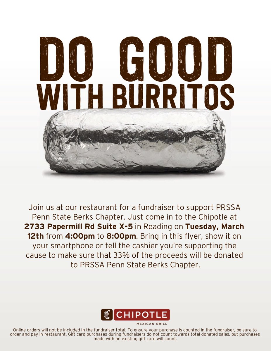 PRSSABerks's tweet photo. Do good with burritos at Chipotle tomorrow 4-8pm! 😊🌯 https://t.co/z5ZKszQD1d