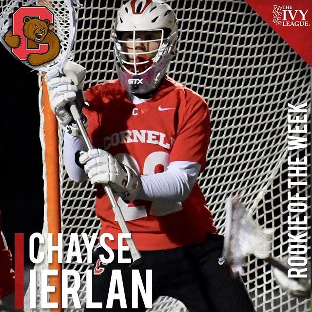 CornellSports's tweet photo. Chayse Ierlan earned his first conference accolade, taking home Ivy League Rookie of the Week honors after helping the Big Red split with a pair of top 6 foes, including a 10-save performance in an upset of #1 Towson. #YellCornell (📸: Heather Nichols/Cornell Athletics) https://t.co/kGxTpP8hct