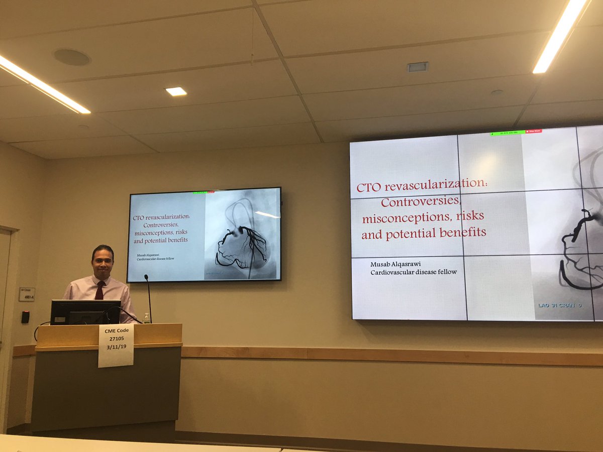 Happening right now!! <a href="/Malqasrawi/">Musab Alqasrawi</a> discussing CTO revascularization in grand rounds. #UIowaCVFellows #CardioTwitter <a href="/IntMedatIowa/">Internal Medicine at Iowa</a>