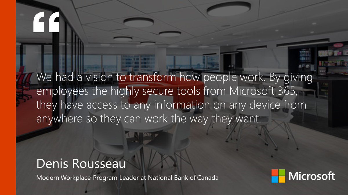 whymicrosoft's tweet image. .@nationalbank, one of Canada’s leading integrated financial groups, is empowering their 23k employees to drive innovation with @Microsoft365. msft.social/8fsg1i