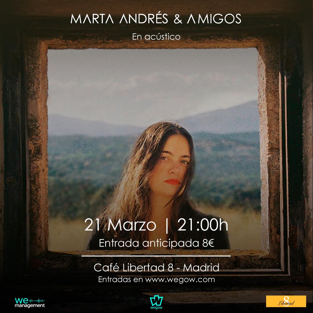 ¡¡💥CONCIERTO SORPRESA💥!! El próximo jueves 21 de marzo tendremos a Marta Andrés &amp; Amigos en Café Libertad 8 de Madrid. Será un concierto con un aforo muy reducido y especial. Entradas ya a la venta en <a href="/wegowES/">wegowes</a> 🙈
Tickets 💸 👉🏻 bit.ly/2Tsc81r