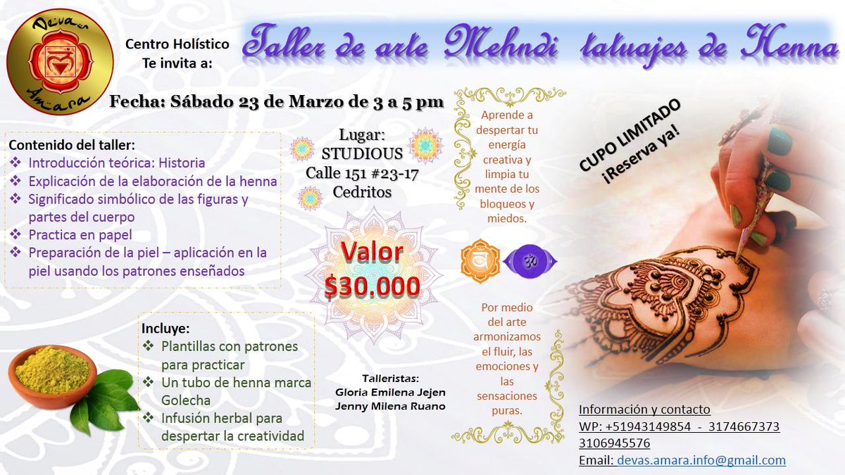 devas_amara's tweet image. @devas_amara Te invita a nuestro primer taller de tattoo en Henna.  Aprende su historia y su técnica. Despierta tu creatividad por medio de este hermoso arte. entra a devasamara.wixsite.com/centro-holisti…   #taller #bogota #Marzo2019