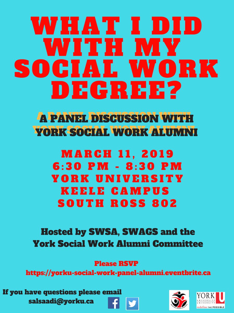 YorkUSocialWork's tweet image. TONIGHT!!!! Our first #YorkU #SocialWork #AlumniPanel.
We hope you can attend and join the discussion!