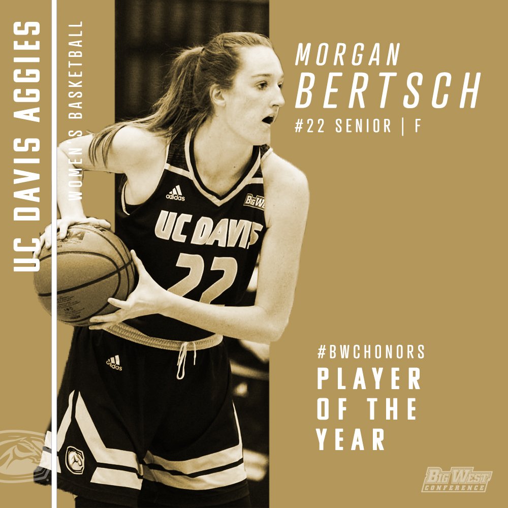 BigWestWBB's tweet photo. #BWCHonors Player of the Year - Morgan Bertsch (@UCDavisWBB)

Leads BWC &amp; ranks 6th in NCAA w/ 23.4 ppg

Scored in double figures in every game this season &amp; in her last 62 OA

Averages 5.9 reb &amp; 1.5 blks 

1st Aggie to earn the league's top individual honor

#GoAgs | #PlayBig https://t.co/3z6q1mHner