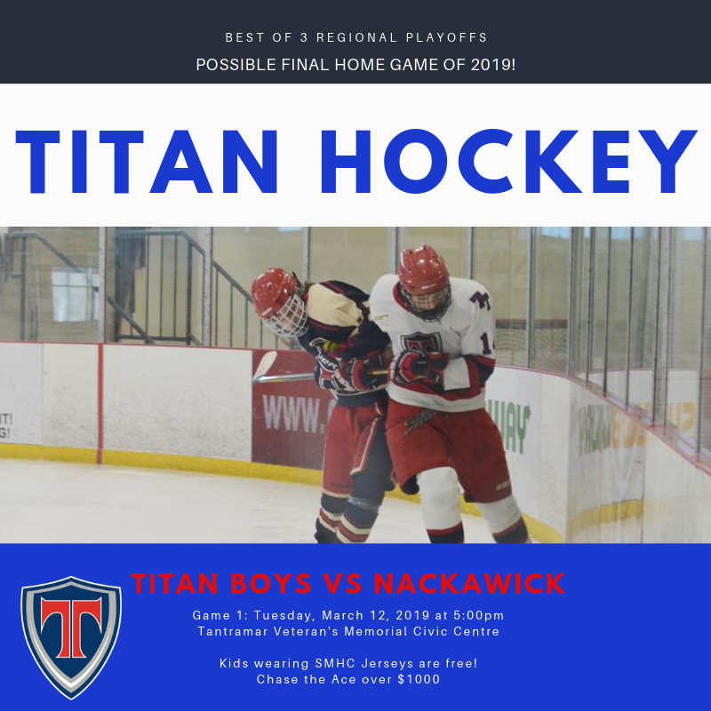 Come to the Civic Centre and support your Titans and they aim for a second consecutive Provincial Title.  A series sweep would make this the final game of the year in Sackville, so come to the rink and cheer on the boys!  #gotitans