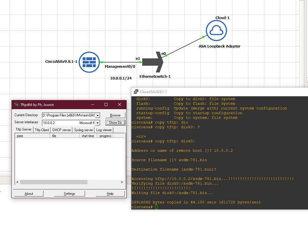 SagarDezign's tweet image. Finally!!!! managed to copy ASDM.bin into Cisco_ASA on GNS3 tplgy. Took a lot of time to do this. Wasn&apos;t so easy without several trial-and-error

Step #1 Successful
asdm.bin is now inside ASA FW flash:

Step#2 to be continued,stay tuned

#labeveryday #ciscoASA #NetworkFirewall