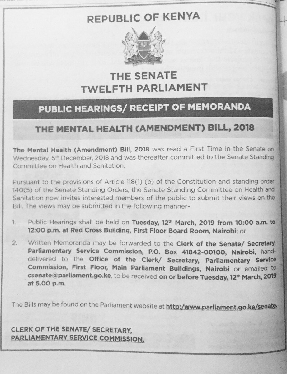 Happening Tomorrow!

Public Participation on the Mental Health (Amendment) Bill 2018

From 10am to 12pm at the Redcross Building, Parliament of Kenya

Come submit your views and memorandum #BeHeard 
#ProtectTheRightsOfTheMentallySick
